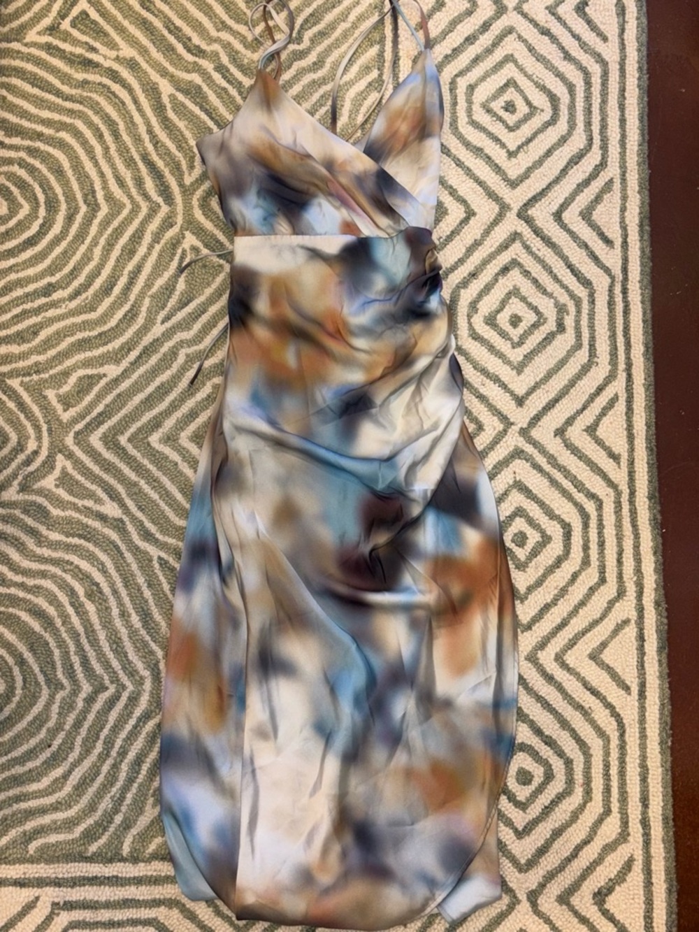 Zara Strapless Satin Slip Dress in Blue, Brown & Cream Abstract